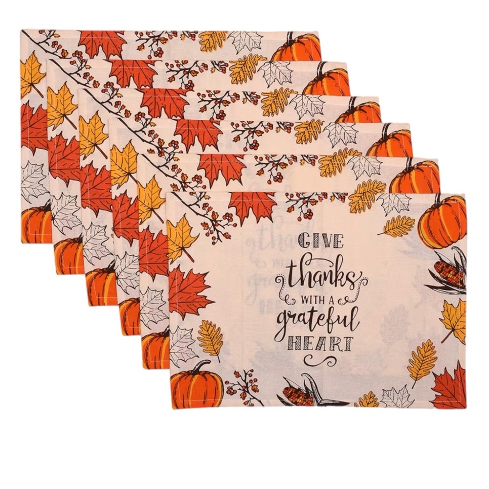 Thanksgiving Napkins with Autumn Leaves and Pumpkins Set of 6